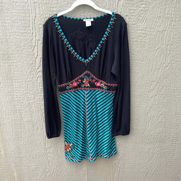 Vtg Krista Lee Dress‎ Size L Embroidered Floral Beaded Long Sleeve V-Neck - Picture 1 of 6